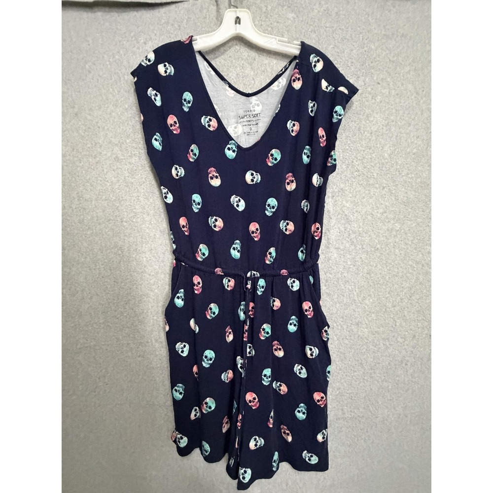 Torrid Dress Womens 0 Blue Super Soft Skull Print V Neck Fit & Flare‎ Pockets